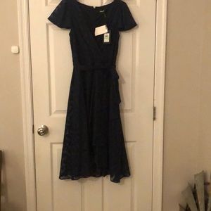 Navy blue, flutter short sleeve, embossed slight hi low dress